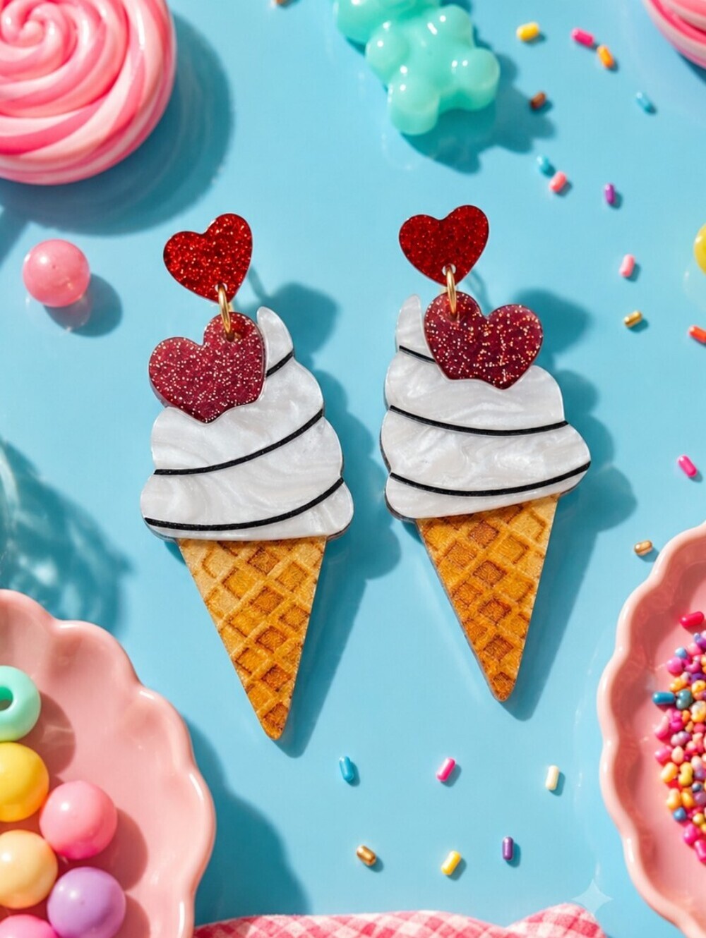Ice Cream Cone Dangle Earrings Red Glitter Heart Acrylic Kawaii Summer Y2K 2.4in